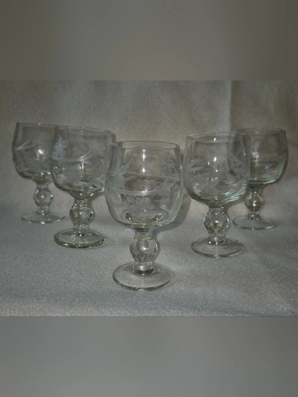 Vintage Etched Grape And Vine Brandy Stemmed Glasses - Clear (Set of 5)